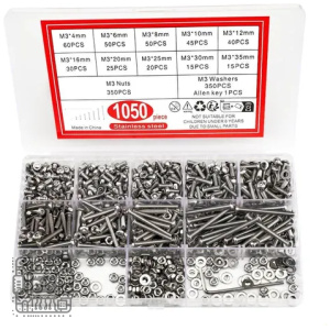Plastic storage box with 1050-piece stainless steel hardware set (screws, nuts, and washers) organized in ten compartments.