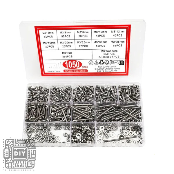 Plastic storage box with 1050-piece stainless steel hardware set (screws, nuts, and washers) organized in ten compartments.