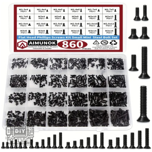 Storage box with 860 flat-head Phillips screws in assorted sizes, plus longer bolts shown at the side; labeled kit image on lid.