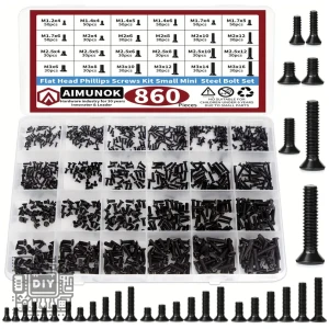 Storage box with 860 flat-head Phillips screws in assorted sizes, plus longer bolts shown at the side; labeled kit image on lid.
