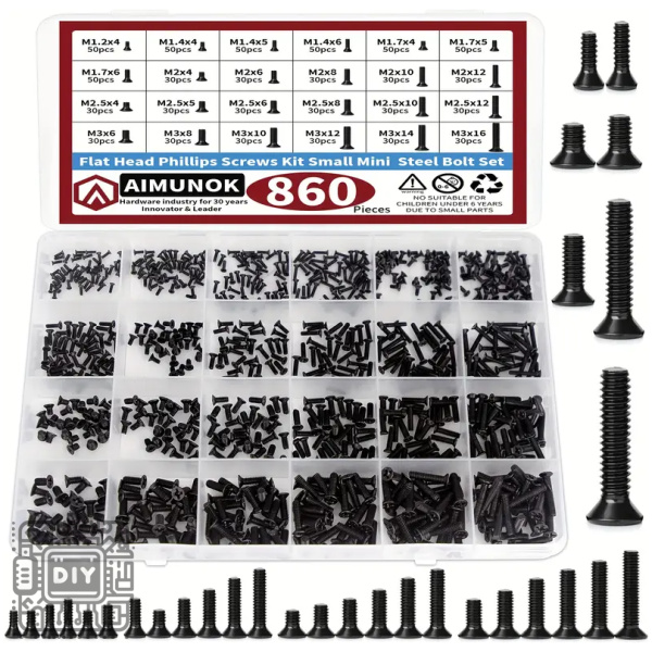 Storage box with 860 flat-head Phillips screws in assorted sizes, plus longer bolts shown at the side; labeled kit image on lid.
