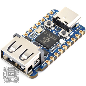Blue microcontroller development board with two USB ports, row of GPIO pins, and a central chip bearing a Raspberry Pi logo; angled on white background