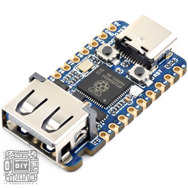 Blue microcontroller development board with two USB ports, row of GPIO pins, and a central chip bearing a Raspberry Pi logo; angled on white background